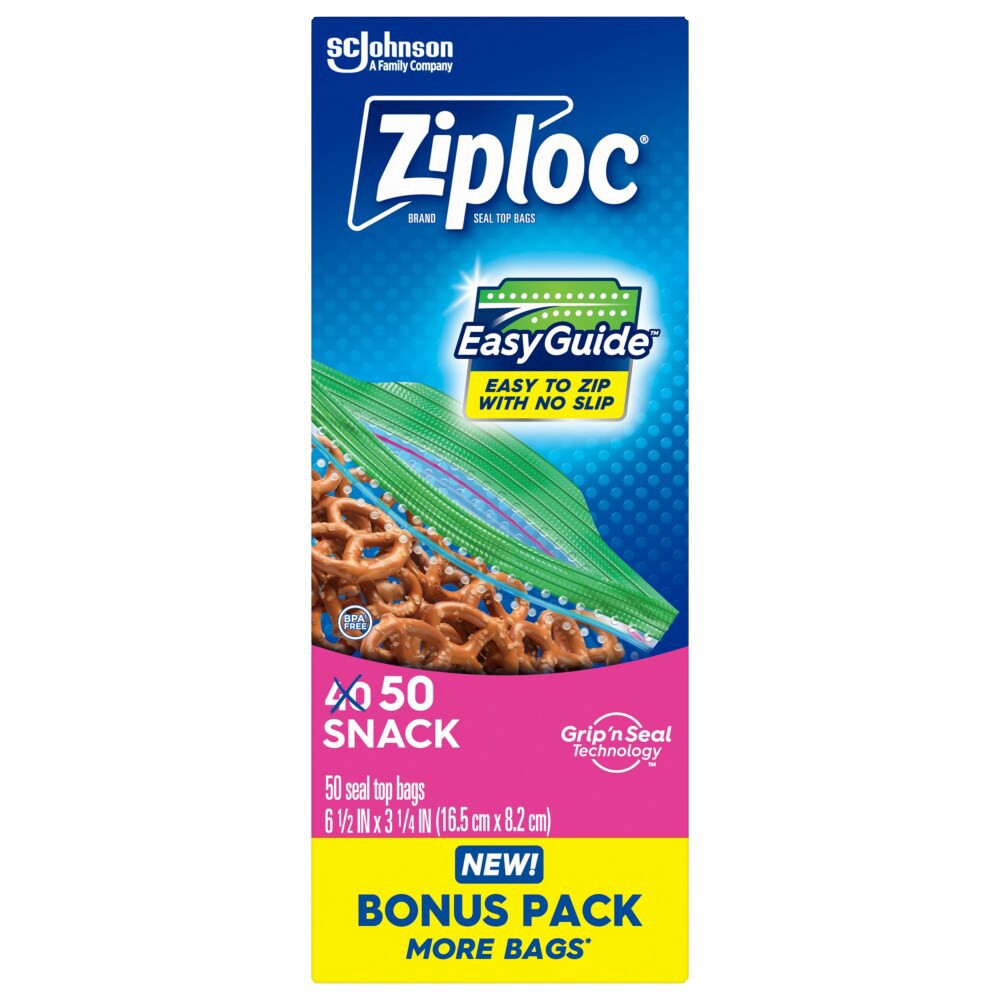 slide 2 of 4, Ziploc Brand Snack Bags with EasyGuide™ Texture, Grip ’n Seal Technology™, 50 count, 50 ct