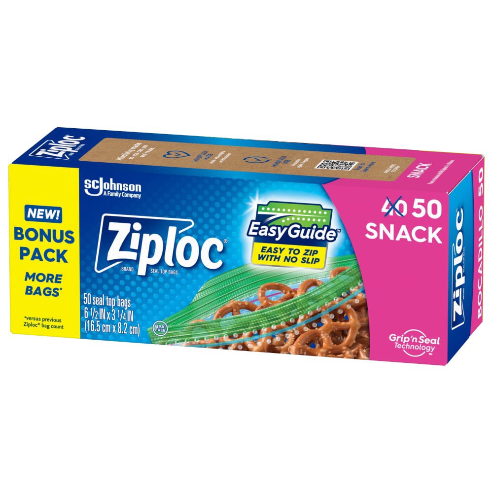 slide 3 of 4, Ziploc Brand Snack Bags with EasyGuide™ Texture, Grip ’n Seal Technology™, 50 count, 50 ct