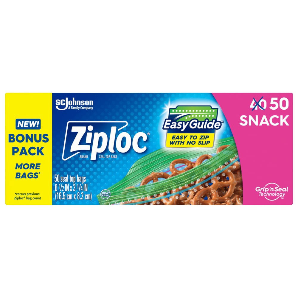 slide 1 of 4, Ziploc Brand Snack Bags with EasyGuide™ Texture, Grip ’n Seal Technology™, 50 count, 50 ct