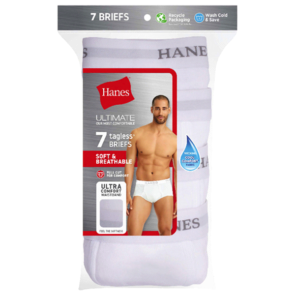 slide 1 of 2, Hanes Ultimate Men's TAGLESS No Ride Up Briefs with Comfort Flex Waistband White, Medium, 7 ct