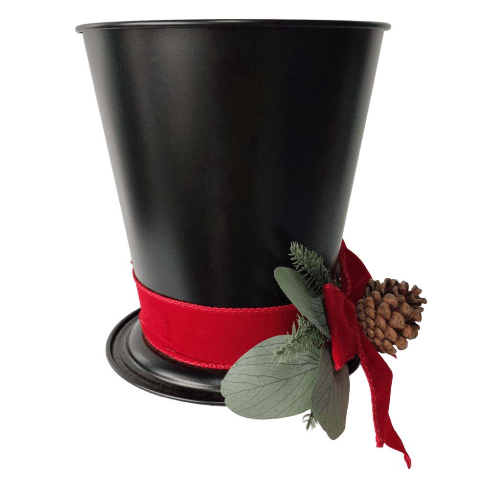 slide 2 of 3, Black Top Hat Container With Red Bow & Pinecones By Ashland, 8.6 in x 6.1 in x 5.7 in