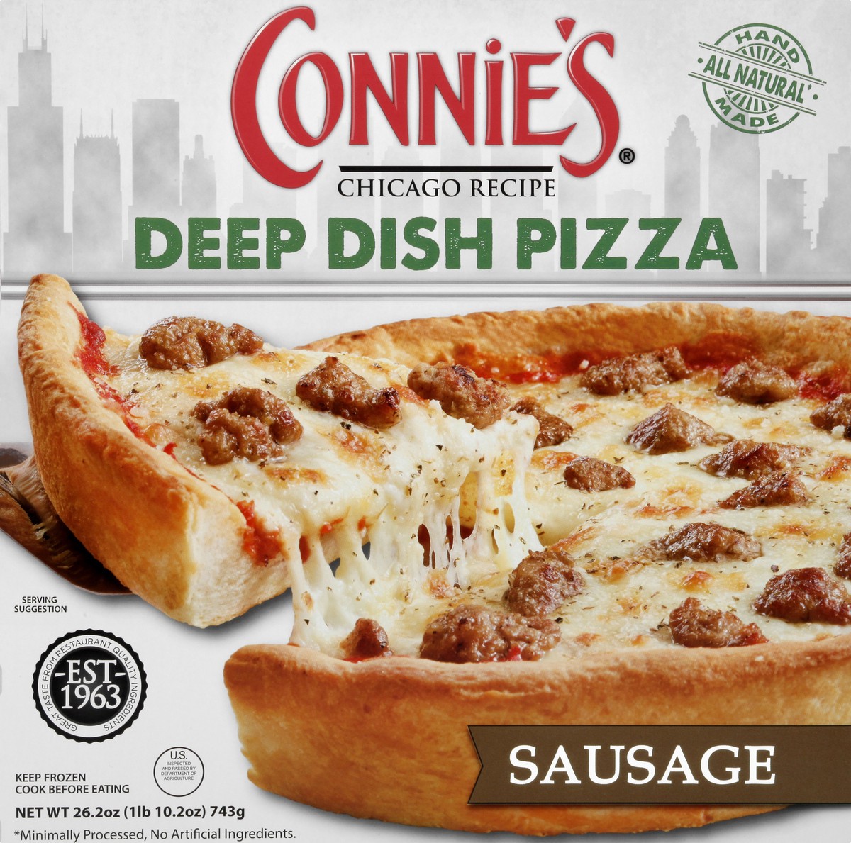 slide 4 of 13, Connie's Pizza Deep Dish Sausage Pizza 26.2 oz, 26.2 oz