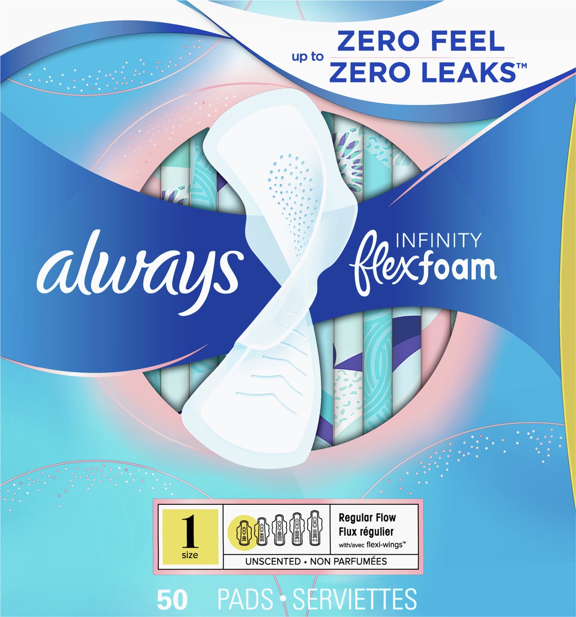 slide 2 of 2, Always Infinity Feminine Pads for Women with Wings, Size 1 Regular, Unscented, 50 Count, 50 ct