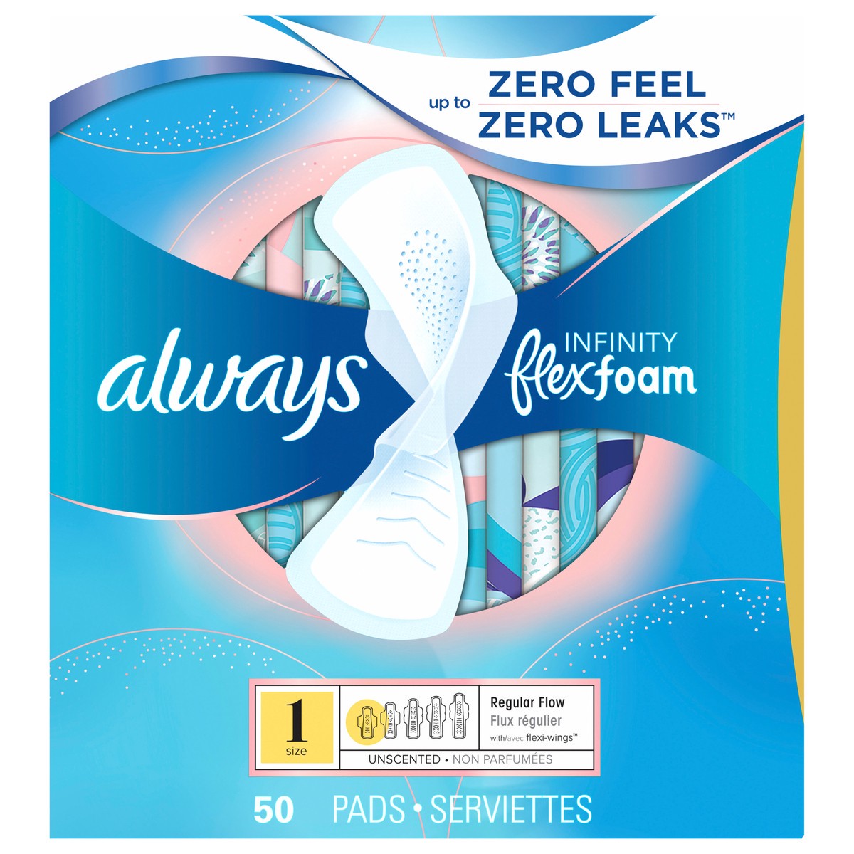 slide 1 of 2, Always Infinity Feminine Pads for Women with Wings, Size 1 Regular, Unscented, 50 Count, 50 ct