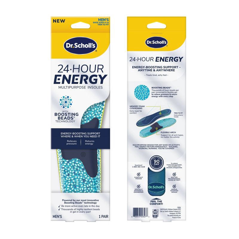 slide 4 of 13, Dr. Scholl's 24-Hour Energy Multipurpose Insoles, Returns Energy with every step, Relieves Foot Pressure & Tired Achy Feet, Memory Foam & Gel Insert, Men's Shoe Size 8-14, 1 Pair, 1 ct