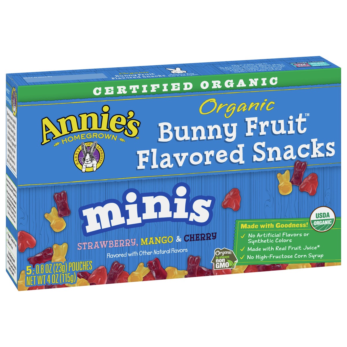 slide 7 of 9, Annie's Organic Mini Bunny Fruit Flavored Snacks, Strawberry, Mango & Cherry, Gluten Free, 5 Pouches, 5 ct