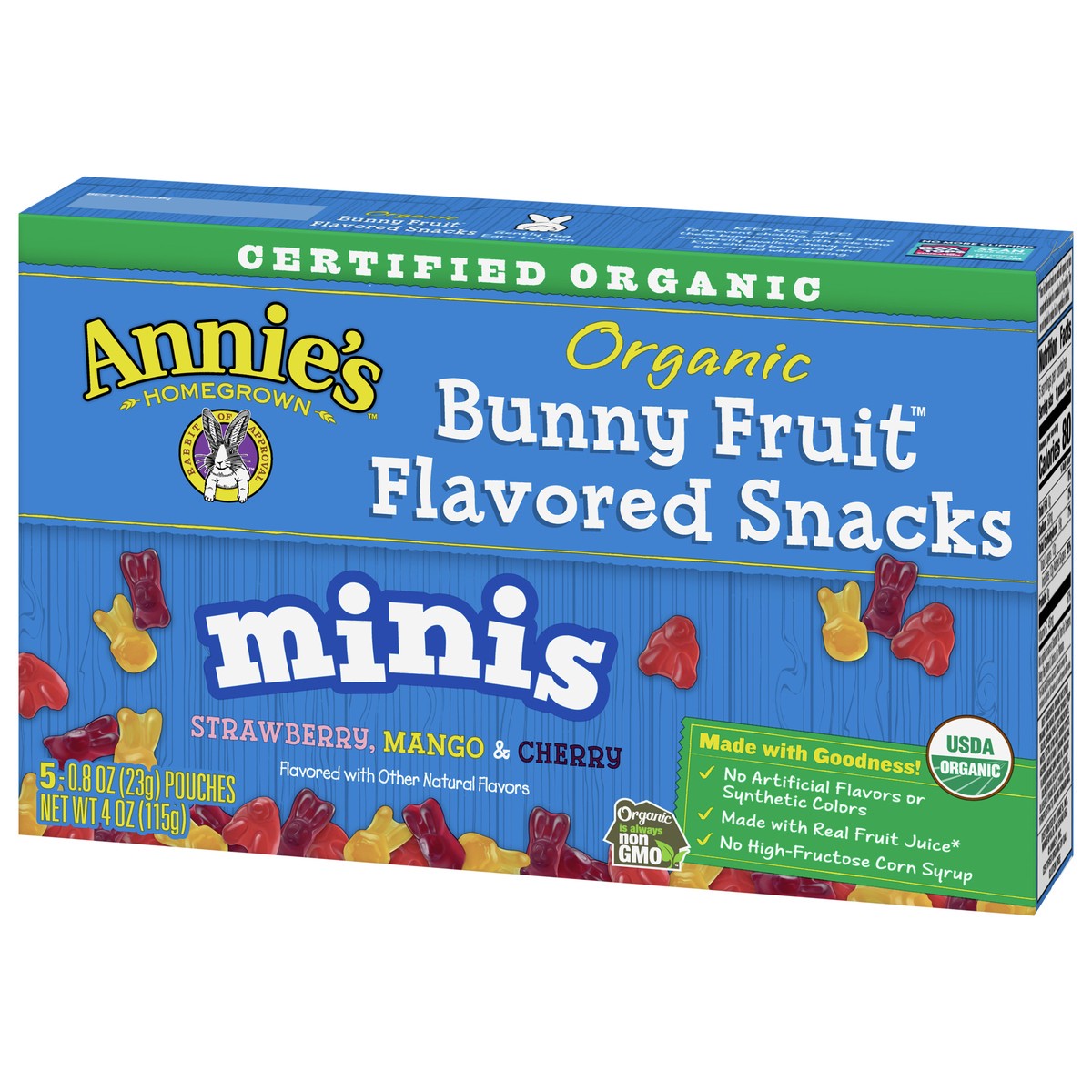 slide 9 of 9, Annie's Organic Mini Bunny Fruit Flavored Snacks, Strawberry, Mango & Cherry, Gluten Free, 5 Pouches, 5 ct