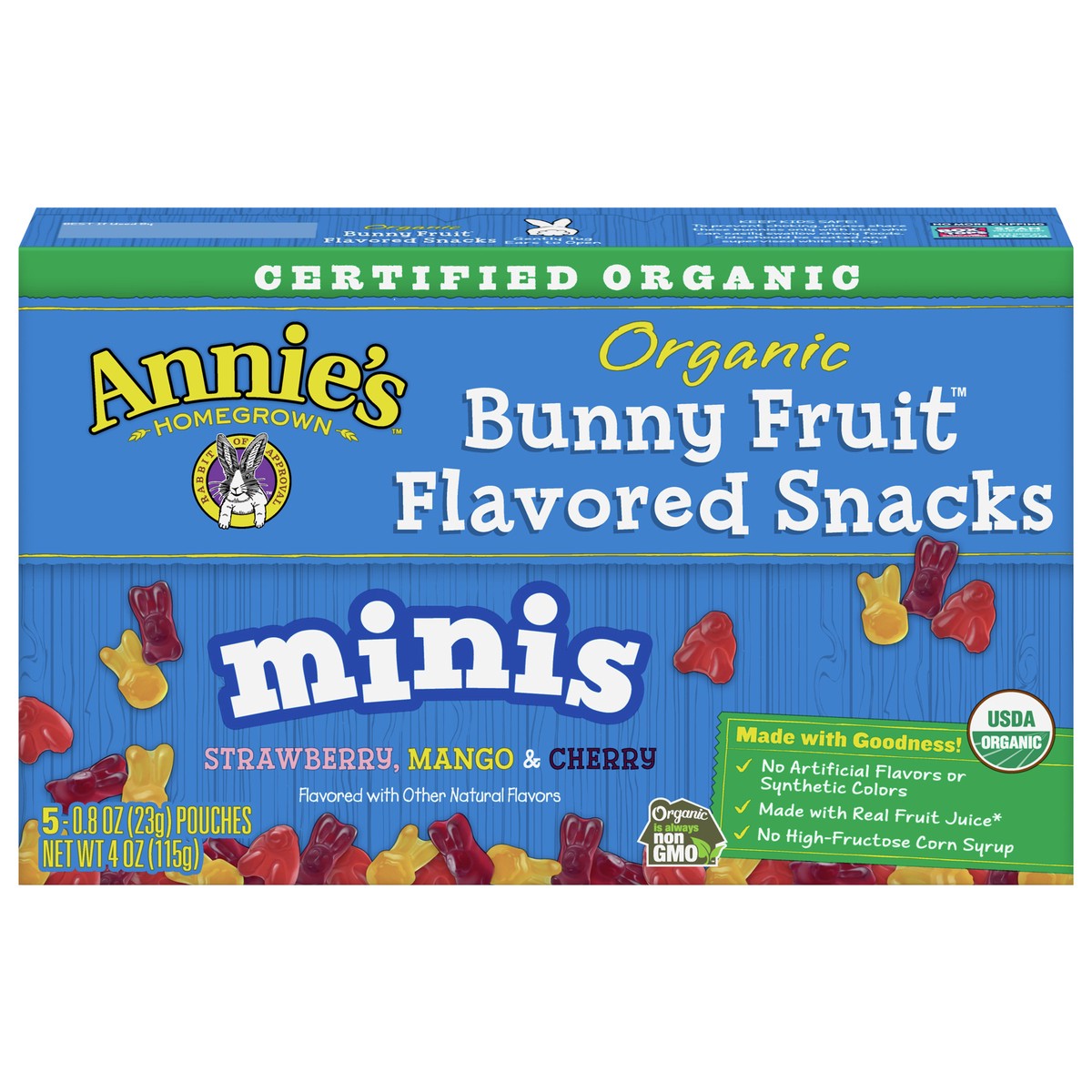 slide 1 of 9, Annie's Organic Mini Bunny Fruit Flavored Snacks, Strawberry, Mango & Cherry, Gluten Free, 5 Pouches, 5 ct