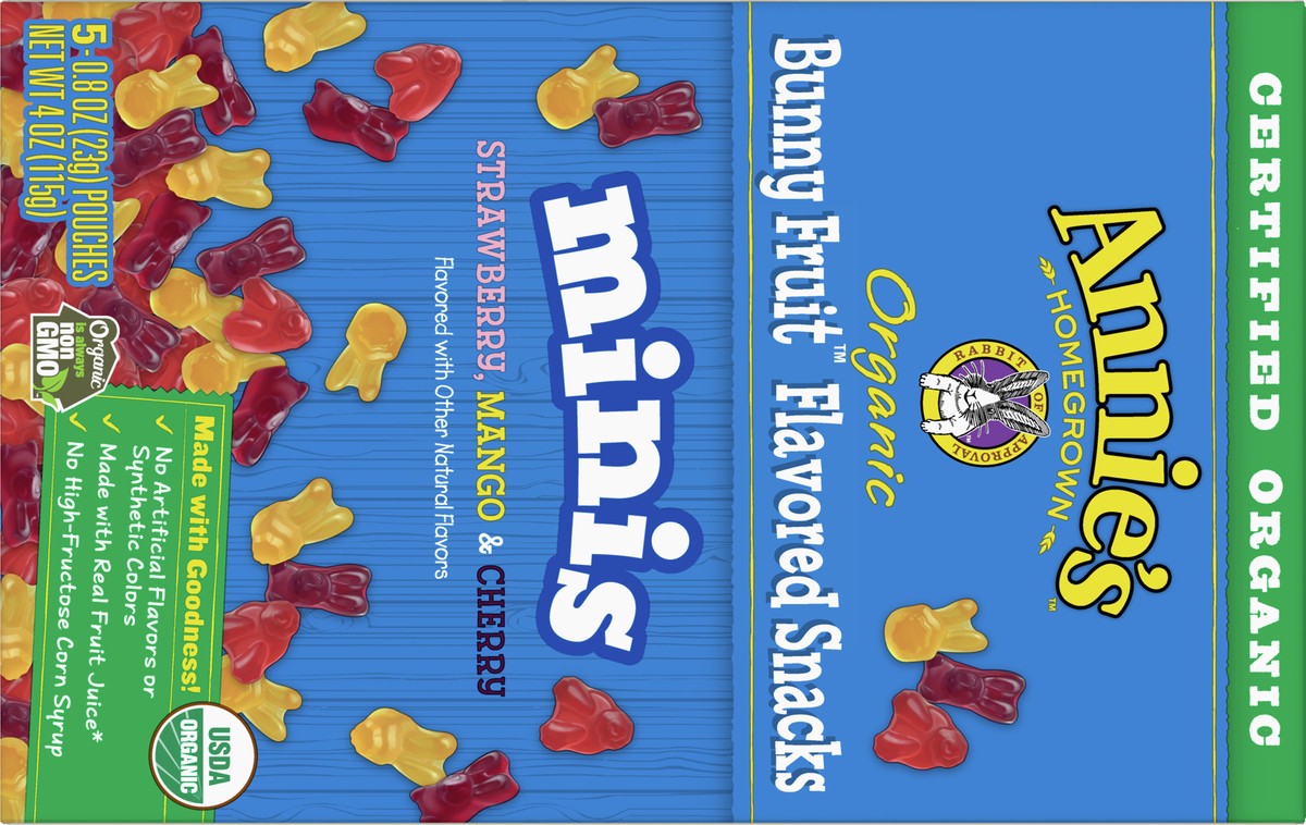 slide 2 of 9, Annie's Organic Mini Bunny Fruit Flavored Snacks, Strawberry, Mango & Cherry, Gluten Free, 5 Pouches, 5 ct