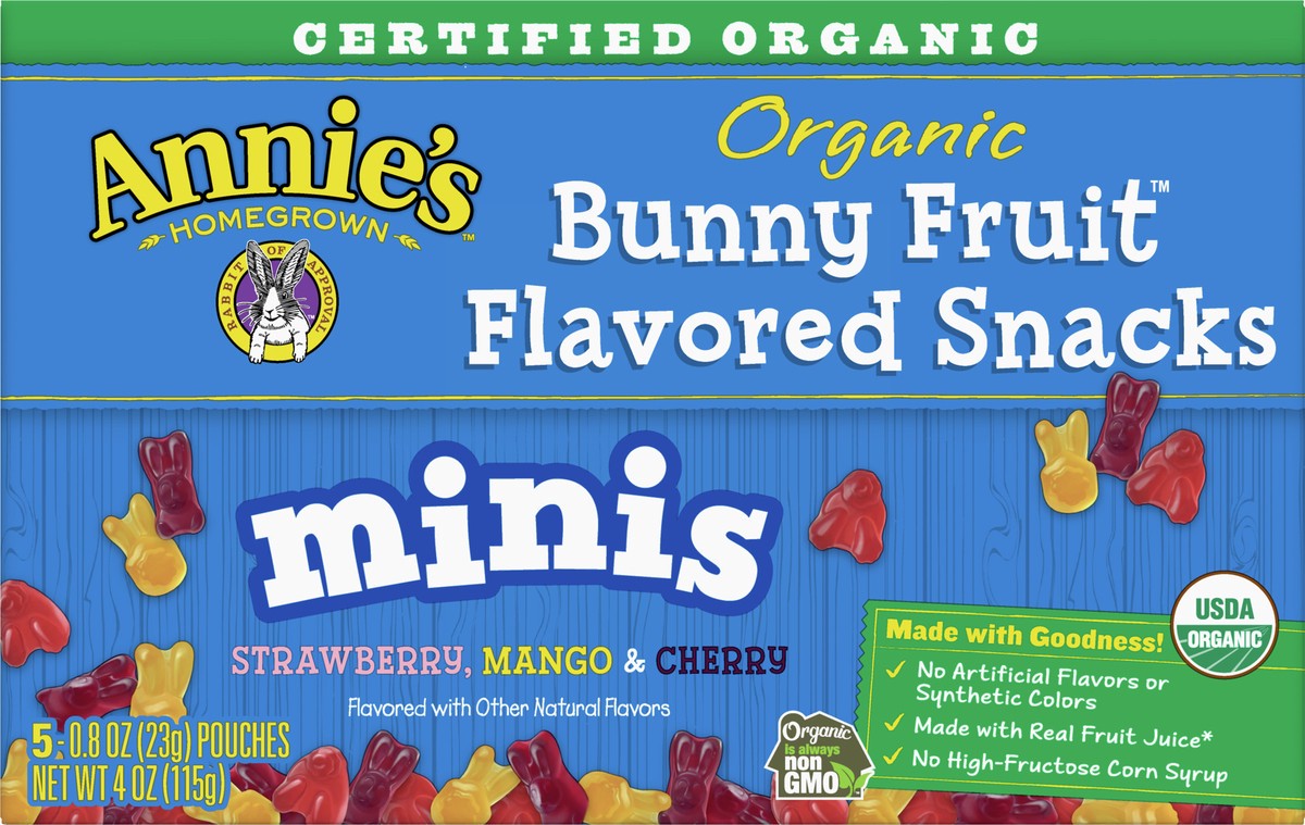 slide 5 of 9, Annie's Organic Mini Bunny Fruit Flavored Snacks, Strawberry, Mango & Cherry, Gluten Free, 5 Pouches, 5 ct