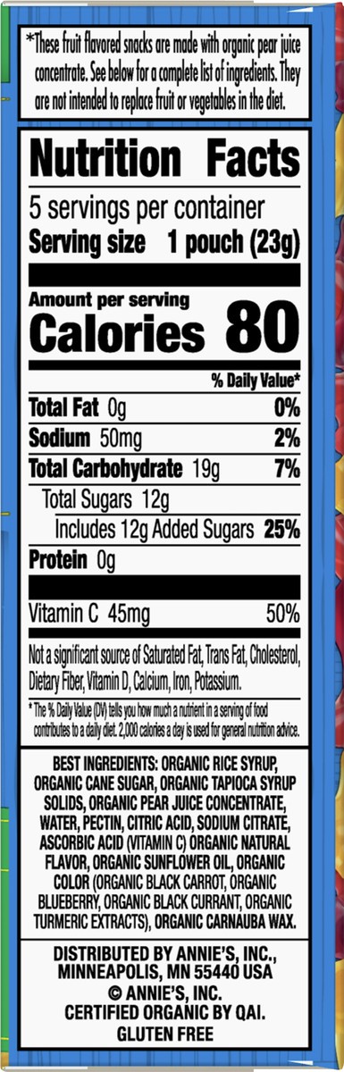 slide 6 of 9, Annie's Organic Mini Bunny Fruit Flavored Snacks, Strawberry, Mango & Cherry, Gluten Free, 5 Pouches, 5 ct