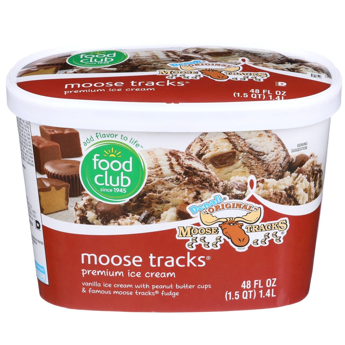 slide 1 of 1, Food Club Denali, Original Moose Tracks Vanilla Premium Ice Cream With Peanut Butter Cups & Famous Moose Tracks Fudge, 48 fl oz