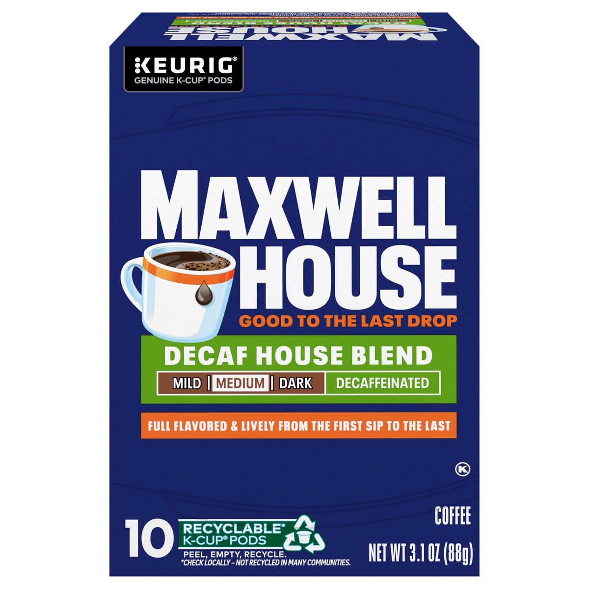 slide 1 of 7, Maxwell House Decaf House Blend Medium Roast K-Cup Coffee Pods, 10 ct Box, 10 ct