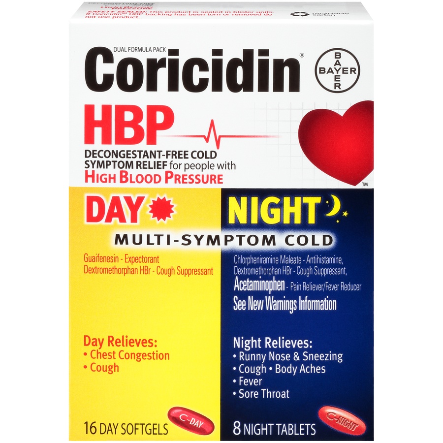 slide 1 of 1, Coricidin HBP Day/Night Multi-Symptom Cold Relief Day Softgels/Night Tablets, 24 ct