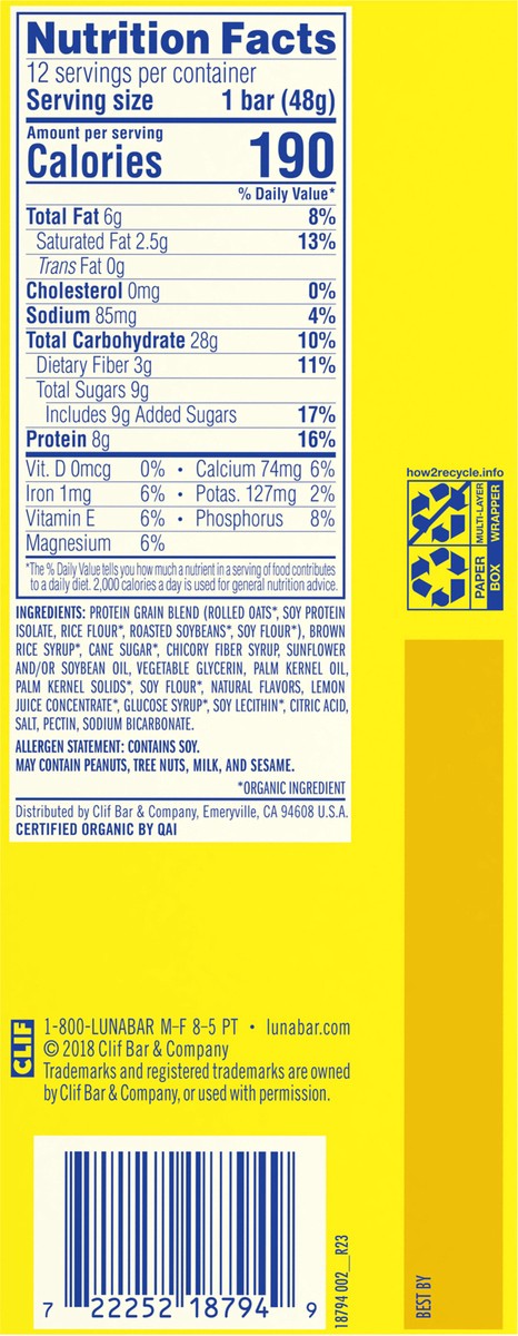slide 9 of 9, LUNA Bar - LemonZest Flavor - Gluten Free Snack Bars - Non-GMO - Protein Bars - Made with Organic Oats - Value Pack (12 Pack), 12 ct