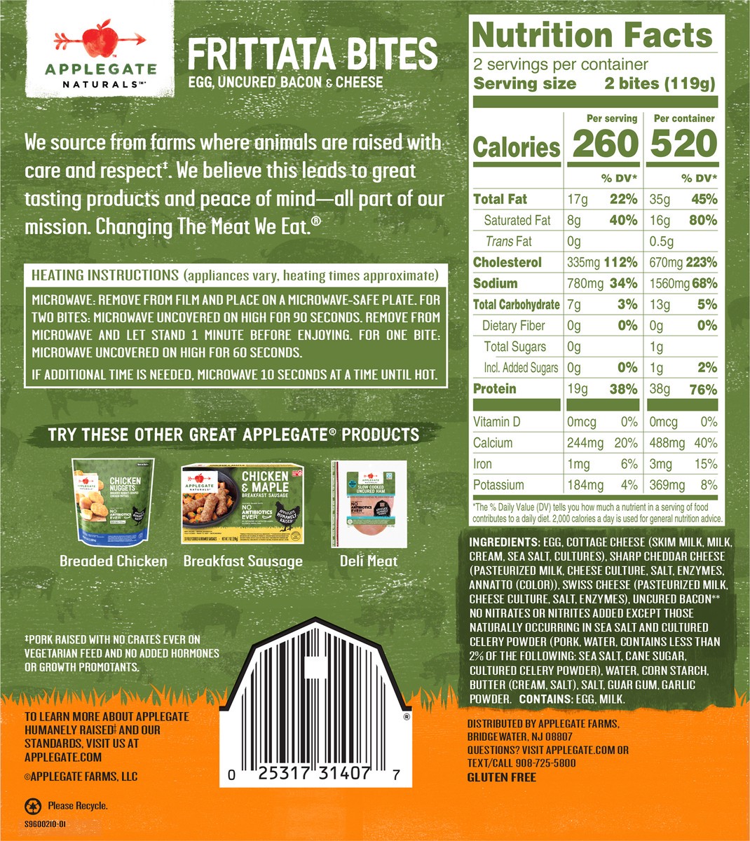 slide 7 of 11, Applegate Naturals Egg, Uncured Bacon and Cheese Frittata Bites, 4 ct