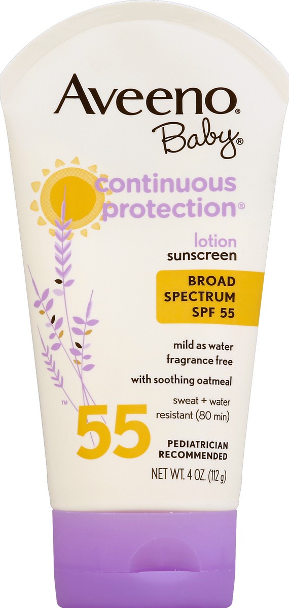 slide 5 of 6, Aveeno Baby Continuous Protection SPF 55 Sunscreen Lotion, 4 oz