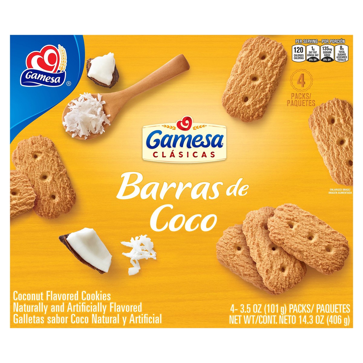 slide 1 of 6, Gamesa Barra De Coco Cookies Coconut Naturally And Artificially Flavored 3.5 Oz 4 Count, 4 ct