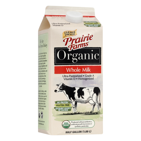 slide 1 of 1, Prairie Farms Whole Milk, Whole, Gluten Free, Organic, Grade A, Brick, 1/2 gal