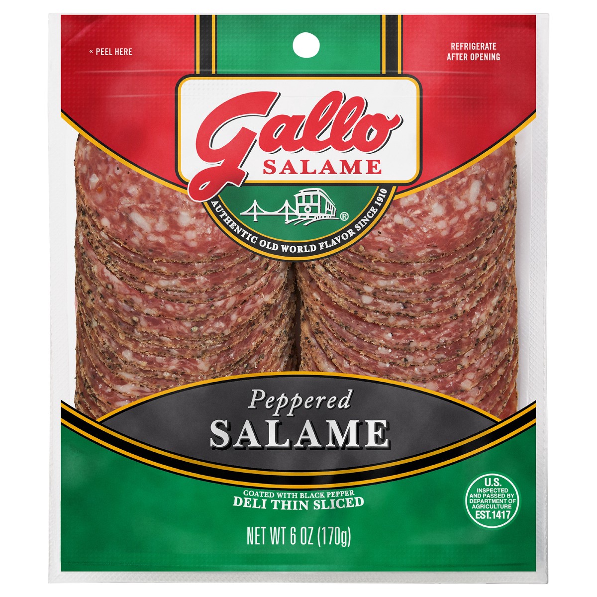 slide 1 of 5, Gallo Salame Deli Thin Sliced Peppered Hard Salami Lunch Meat, 6 oz, 170.10 g