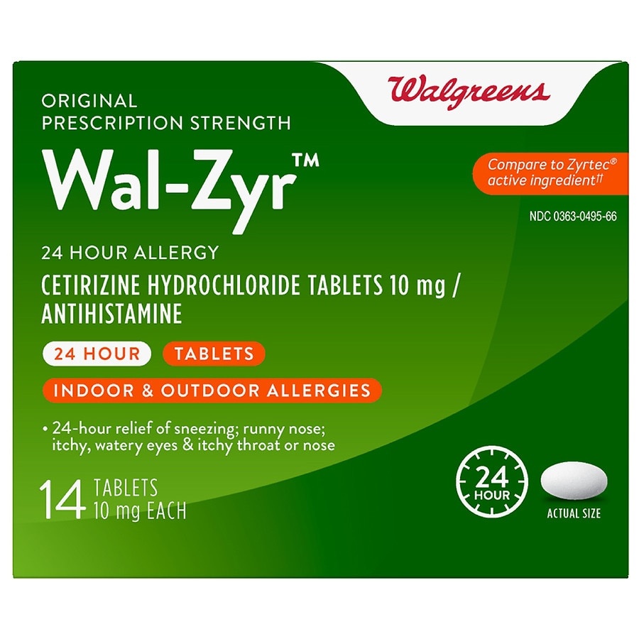 slide 1 of 1, Walgreens Walzyr 24 Hour Allergy Tablets 10Mg, 14 ct