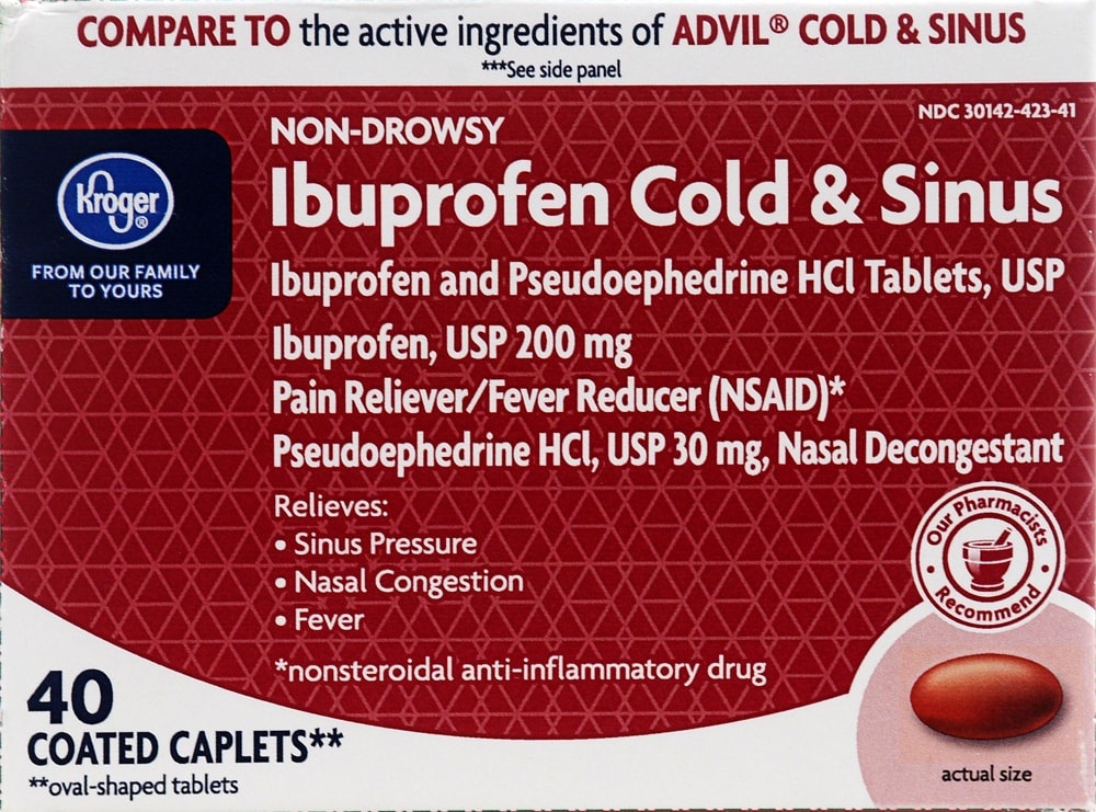 slide 1 of 1, Kroger Ibuprofen Cold & Sinus Coated Caplets, 40 ct