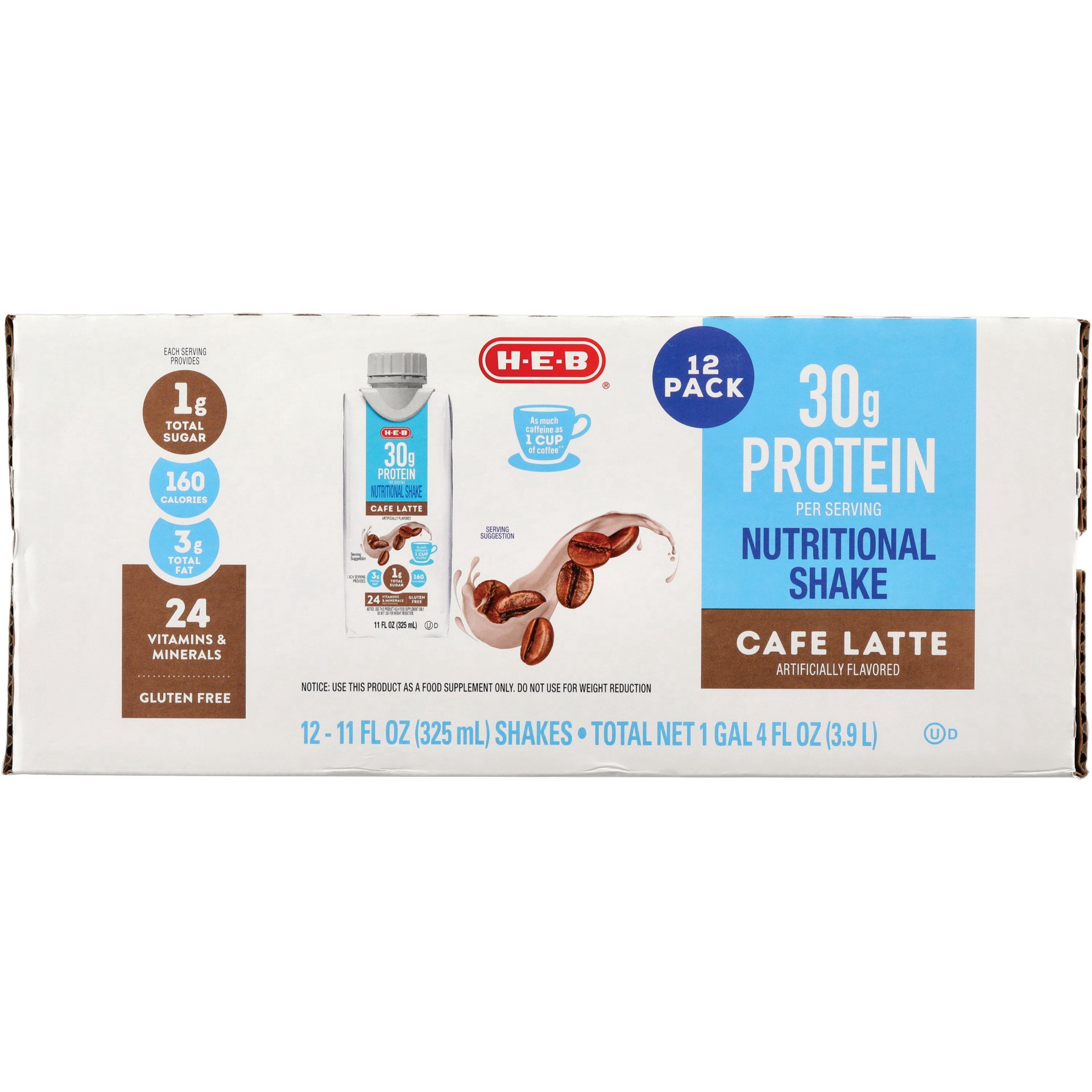 slide 1 of 1, H-E-B 30g Protein Nutritional Shakes 12 pk Bottles - Cafe Latte, 11 oz