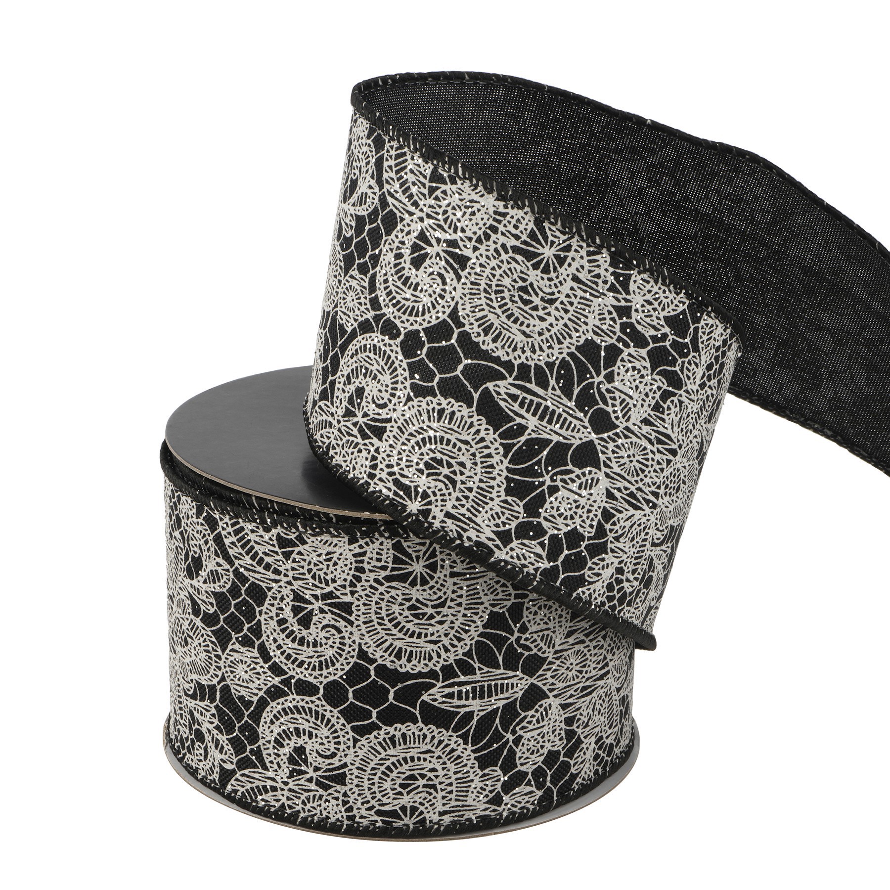 slide 2 of 3, 2.5" X 20ft. Black & White Wired Floral Lace Ribbon By Celebrate It Halloween, 2.5 in x 20 ft