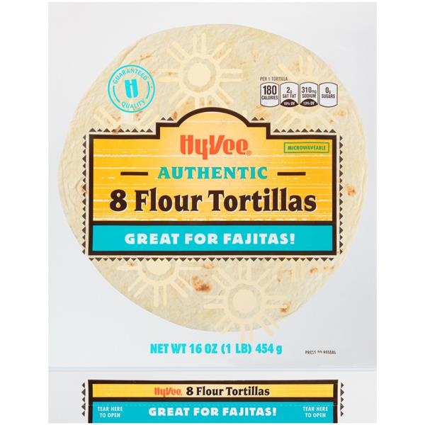 slide 1 of 1, Hy-Vee Fajita Size Flour Tortillas, 8 ct; 16 oz