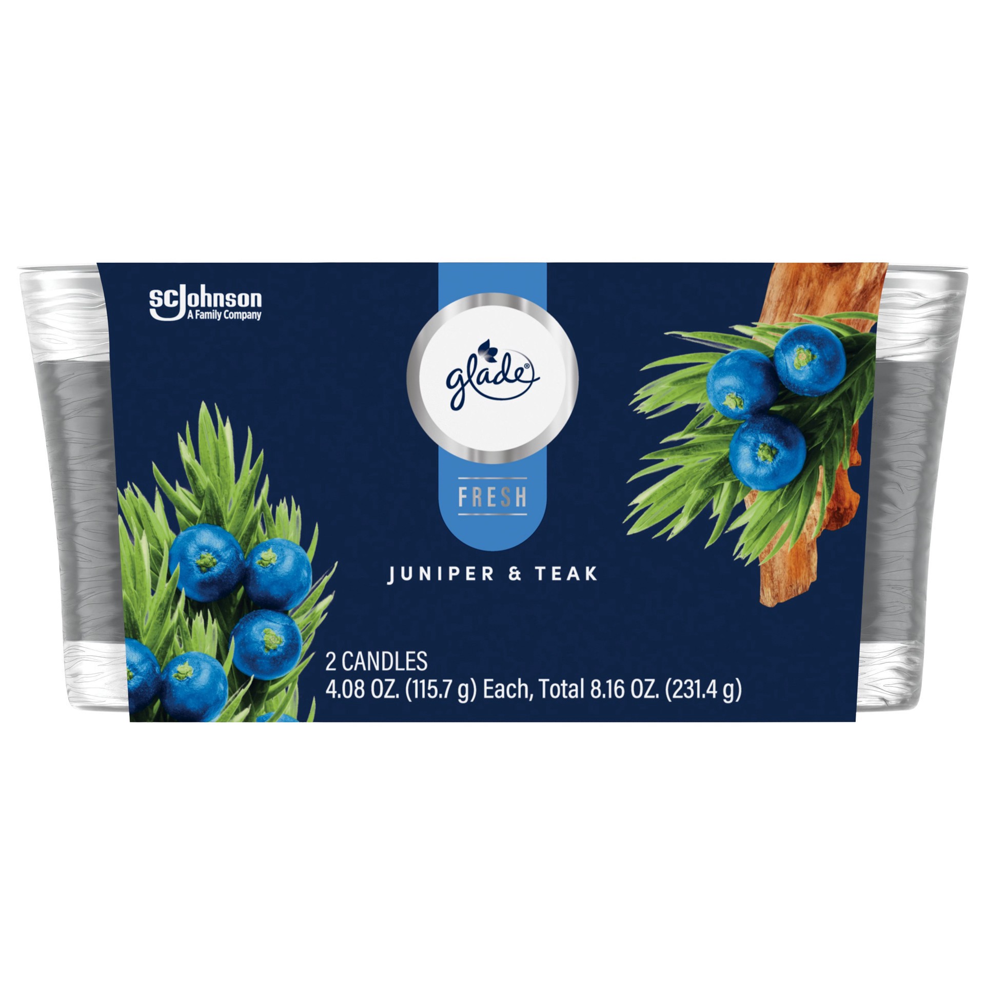 slide 1 of 1, Glade Fresh Juniper & Teak Candles 2 - 4.08 oz Each, 2 ct