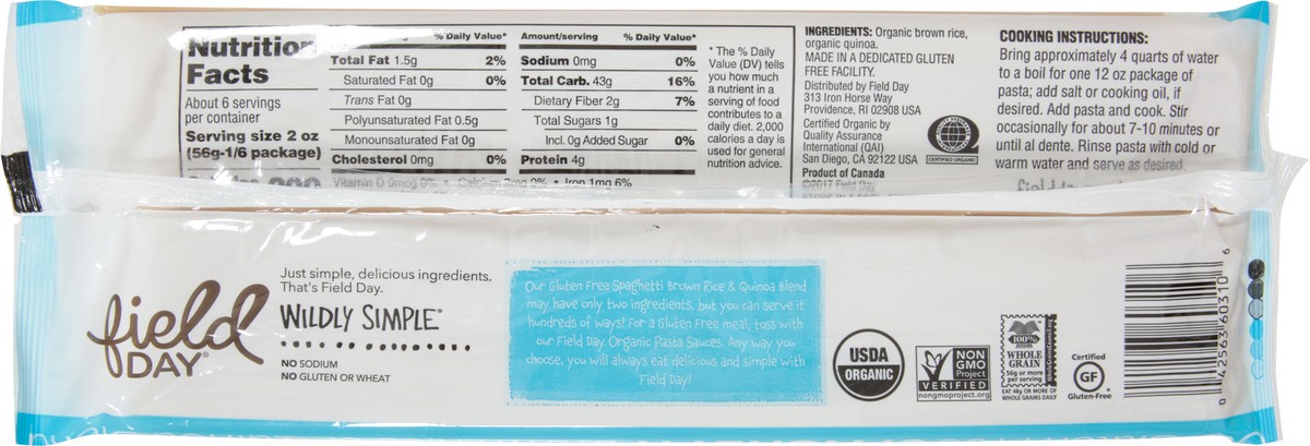 slide 11 of 14, Field Day Pasta - Organic - Brown Rice And Quinoa Blend - Spaghetti, 12 oz