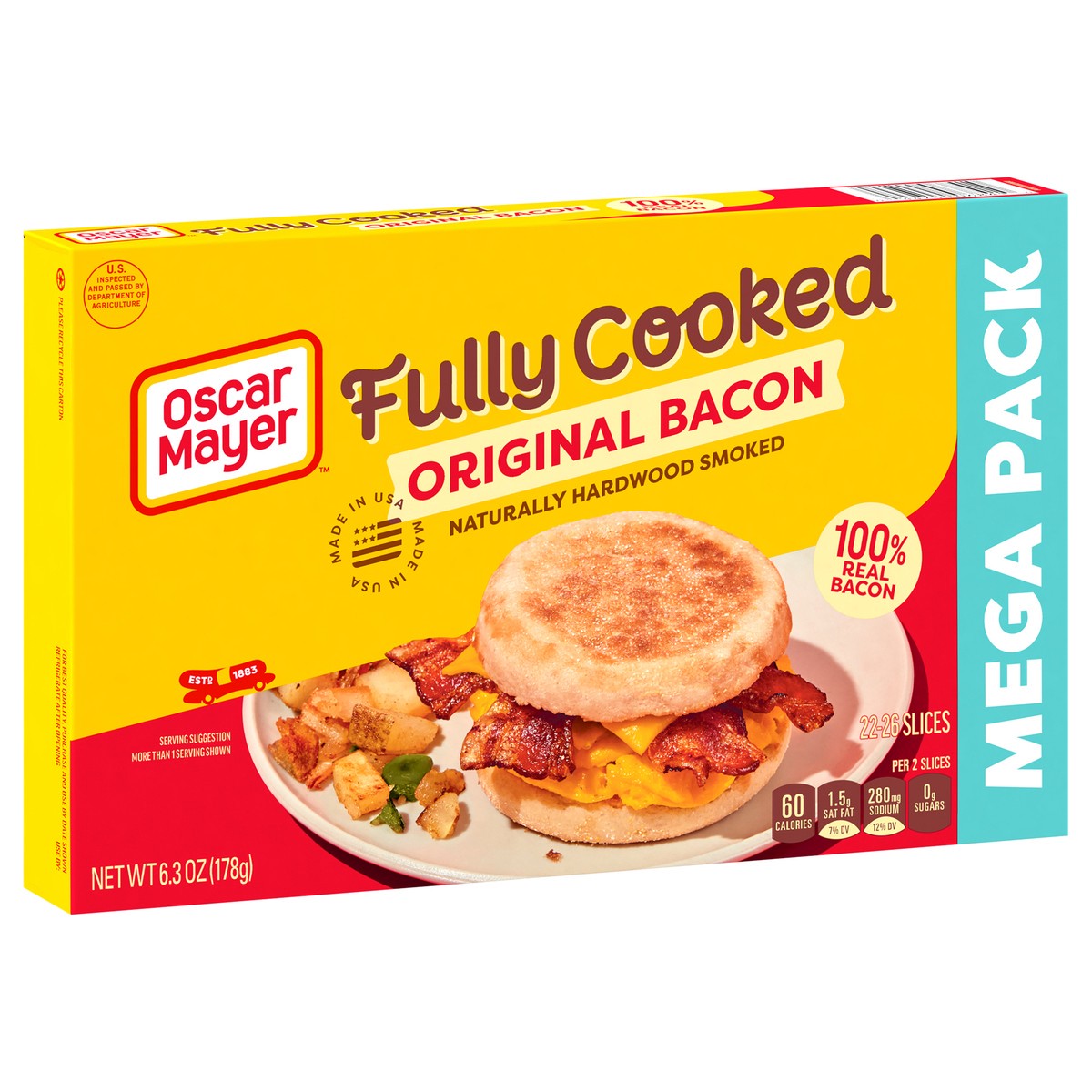 slide 3 of 9, Oscar Mayer Original Fully Cooked Bacon Mega Pack, 6.3 oz Box, 23-25 slices, 6.3 oz
