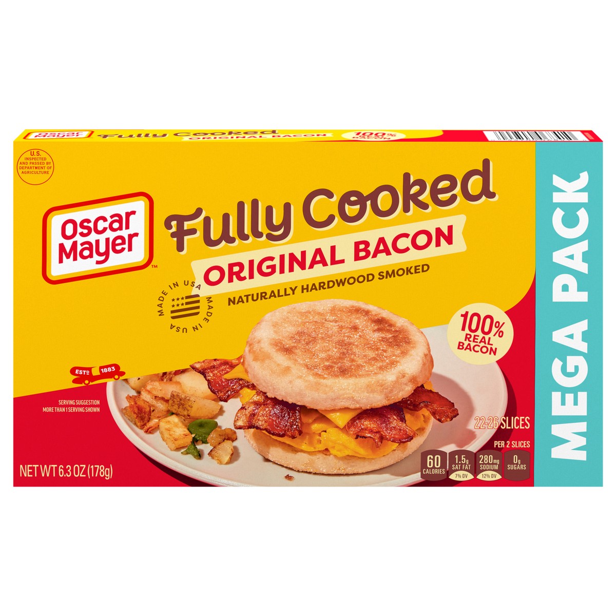 slide 1 of 9, Oscar Mayer Original Fully Cooked Bacon Mega Pack, 6.3 oz Box, 23-25 slices, 6.3 oz
