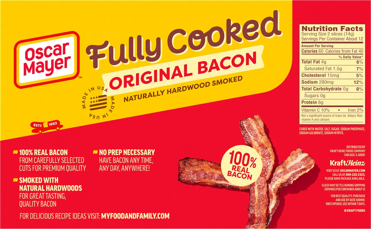 slide 8 of 9, Oscar Mayer Original Fully Cooked Bacon Mega Pack, 6.3 oz Box, 23-25 slices, 6.3 oz