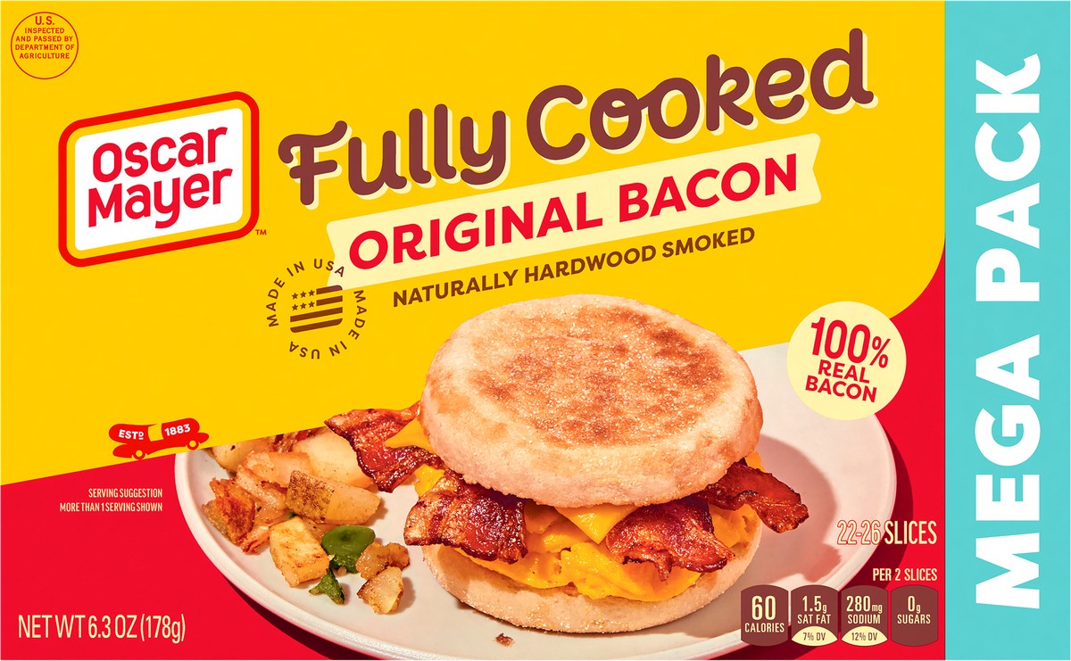 slide 4 of 9, Oscar Mayer Original Fully Cooked Bacon Mega Pack, 6.3 oz Box, 23-25 slices, 6.3 oz