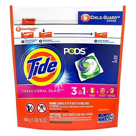 slide 1 of 1, Tide Pods Detergent Pacs Fresh Coral Blast, 20 ct