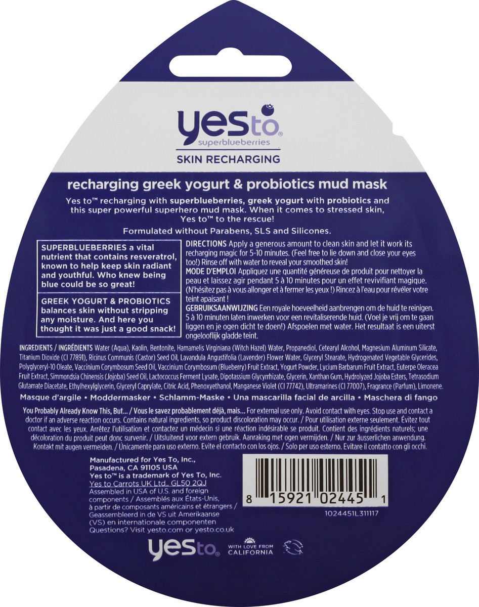 slide 8 of 10, Yes to Superblueberries Recharging Greek Yogurt & Probiotics Mud Mask 1 ea, 1 ct