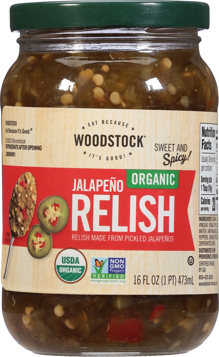 slide 5 of 9, Woodstock Organic Jalapeno Relish 16 fl oz, 16 fl oz