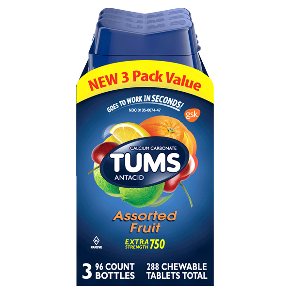 slide 1 of 1, Tums Extra Strength 750 Assorted Fruit Chewable Tablets, 288 ct