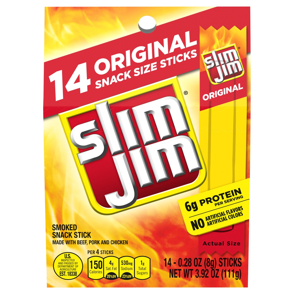 slide 1 of 5, Slim Jim Original Smoked Snack Sized Sticks, 0.28 oz. Meat Sticks, 14-Count Box, 14 ct