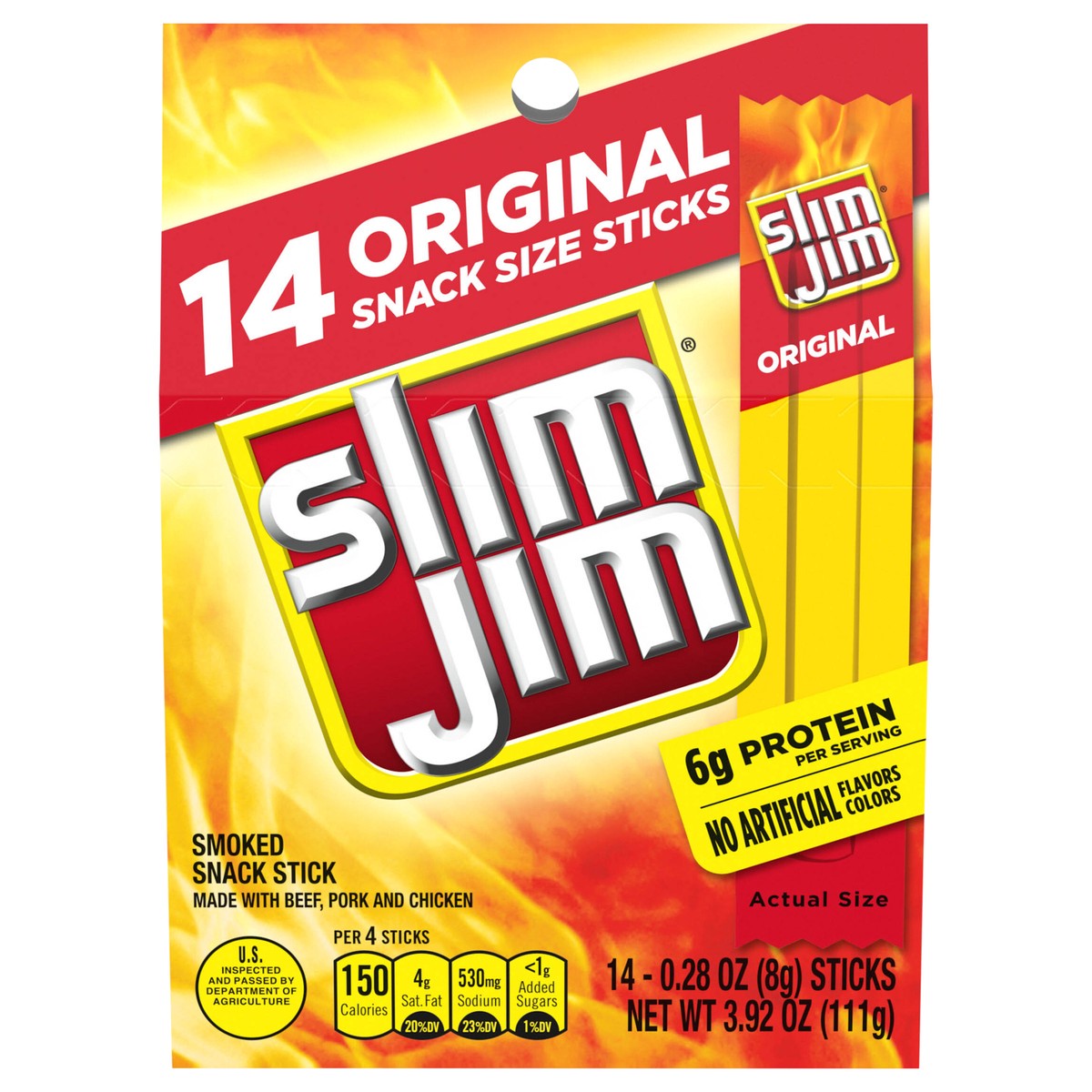 slide 1 of 5, Slim Jim Original Smoked Snack Sized Sticks, 0.28 oz. Meat Sticks, 14-Count Box, 14 ct