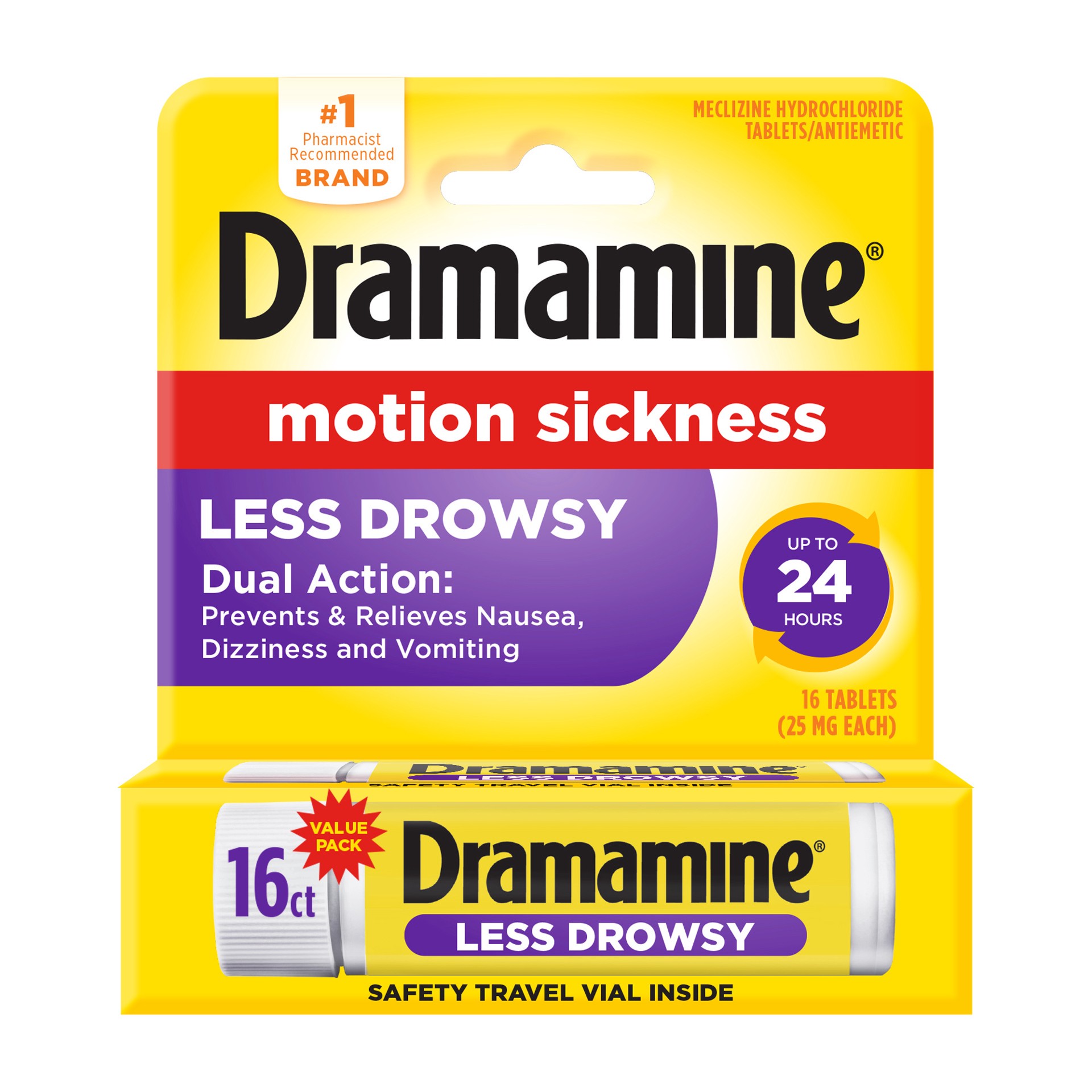 slide 1 of 1, Dramamine Motion Sickness Relief - All Day Less Drowsy, 16 Count, 16 ct