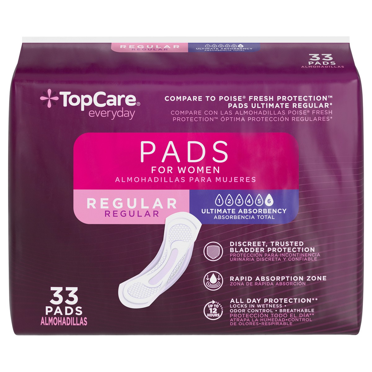 slide 16 of 16, TopCare Everyday Ultimate Absorbency Regular Bladder Control Pads for Women 33 Each, 33 ct