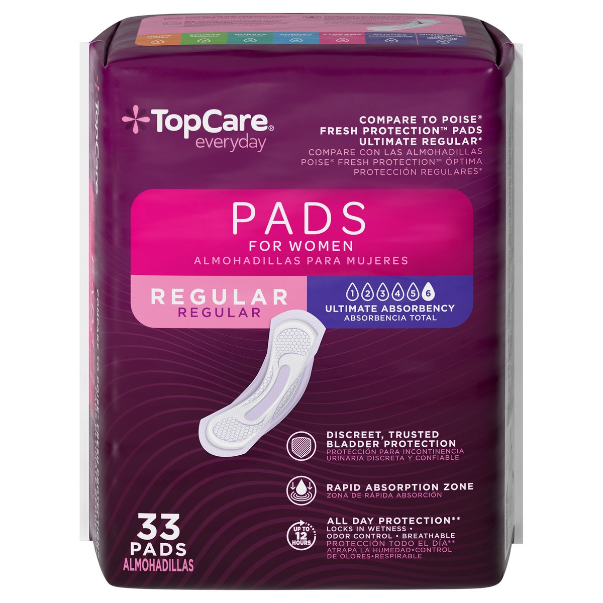 slide 5 of 16, TopCare Everyday Ultimate Absorbency Regular Bladder Control Pads for Women 33 Each, 33 ct