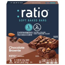 :ratio Soft Baked Bars, Chocolate Brownie, 1g Sugar, Keto Friendly, 5.34 OZ (6 Bars)