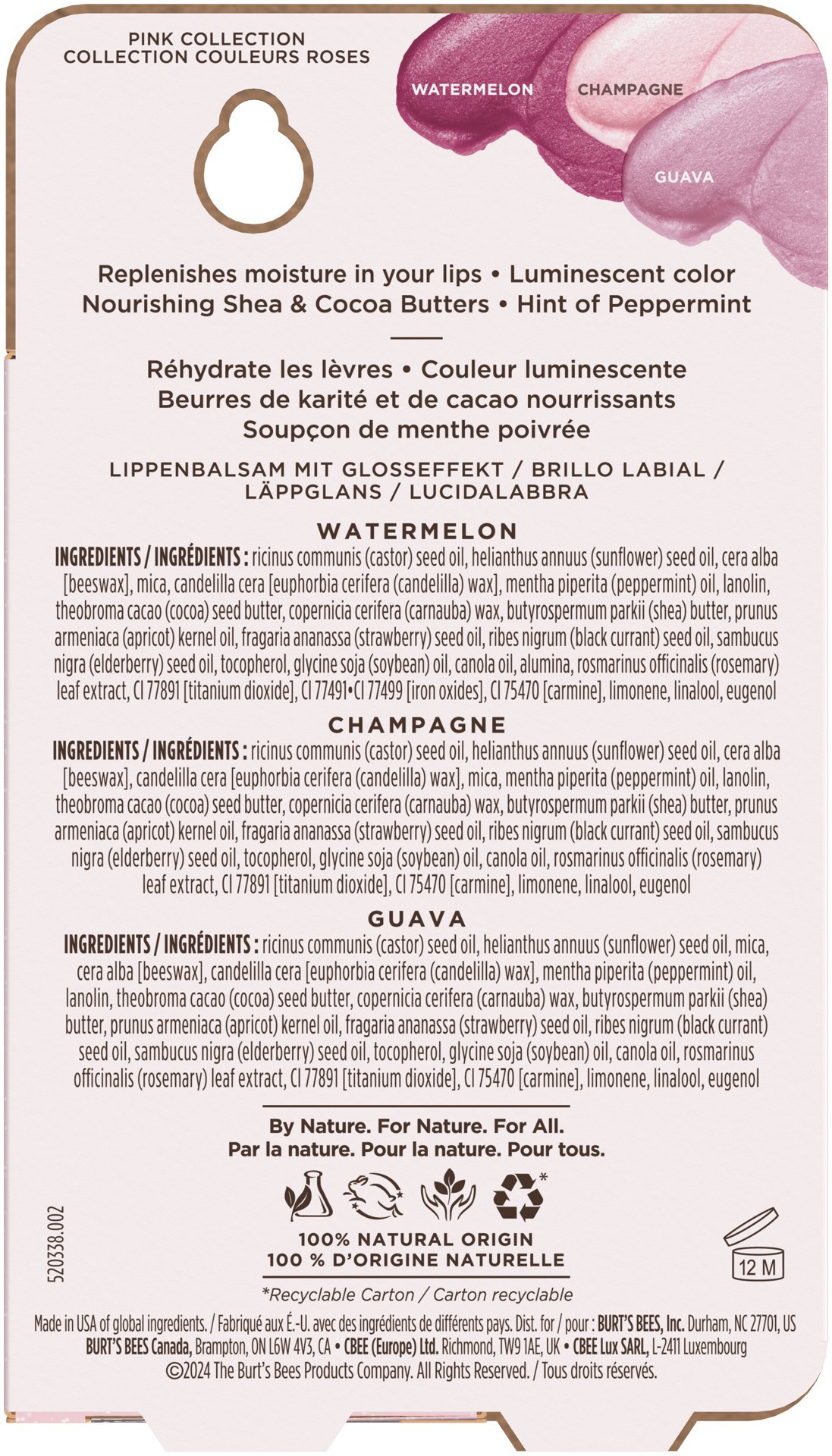 slide 2 of 5, Burt's Bees Pink Collection Lip Shimmer, Natural Origin Lip Care, 3 Tubes, 0.09 oz., 0.27 oz