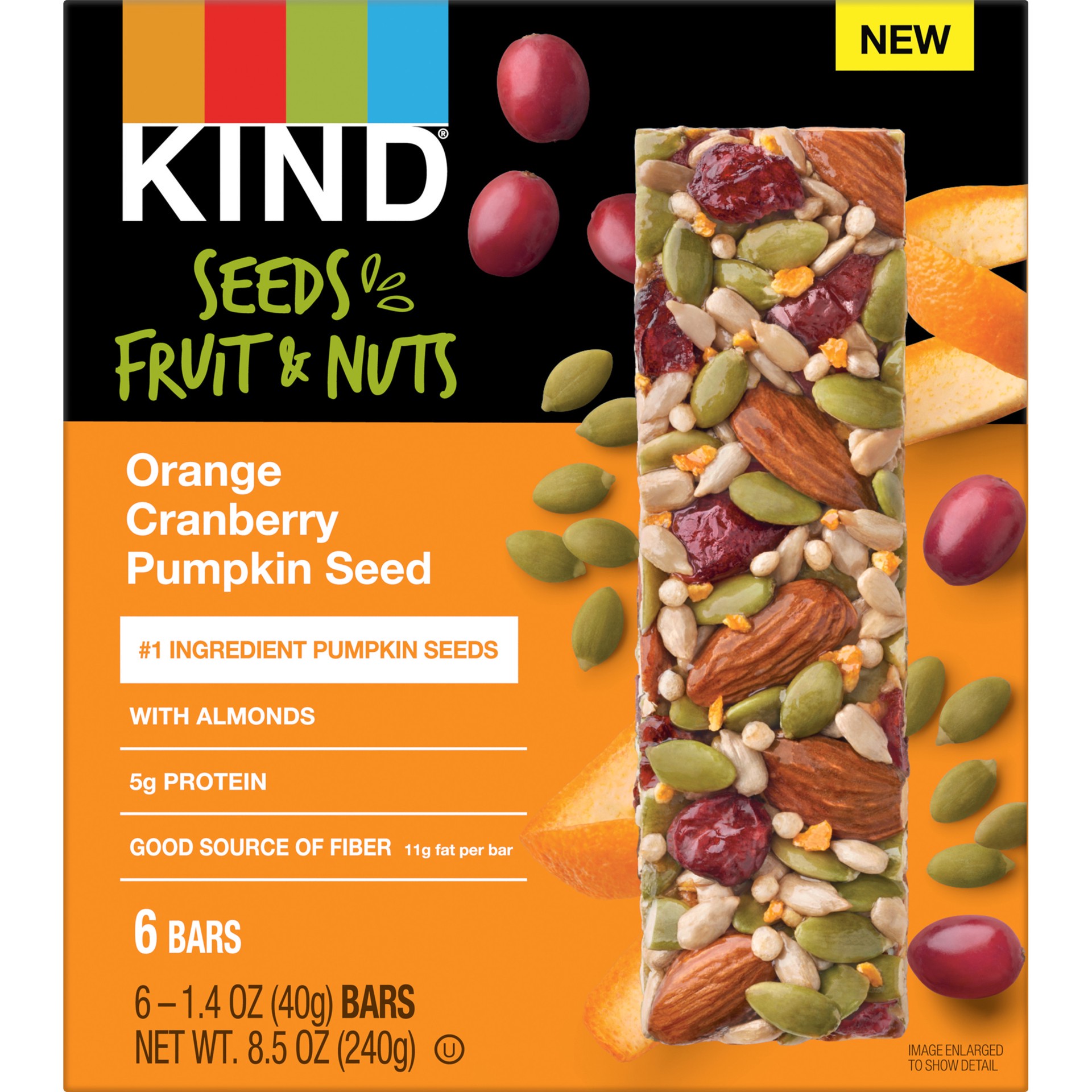 slide 1 of 4, KIND Seeds Fruit & Nuts Snack Bar, Orange Cranberry Pumpkin Seed, 1.4 OZ, 6 Count, 8.4 oz