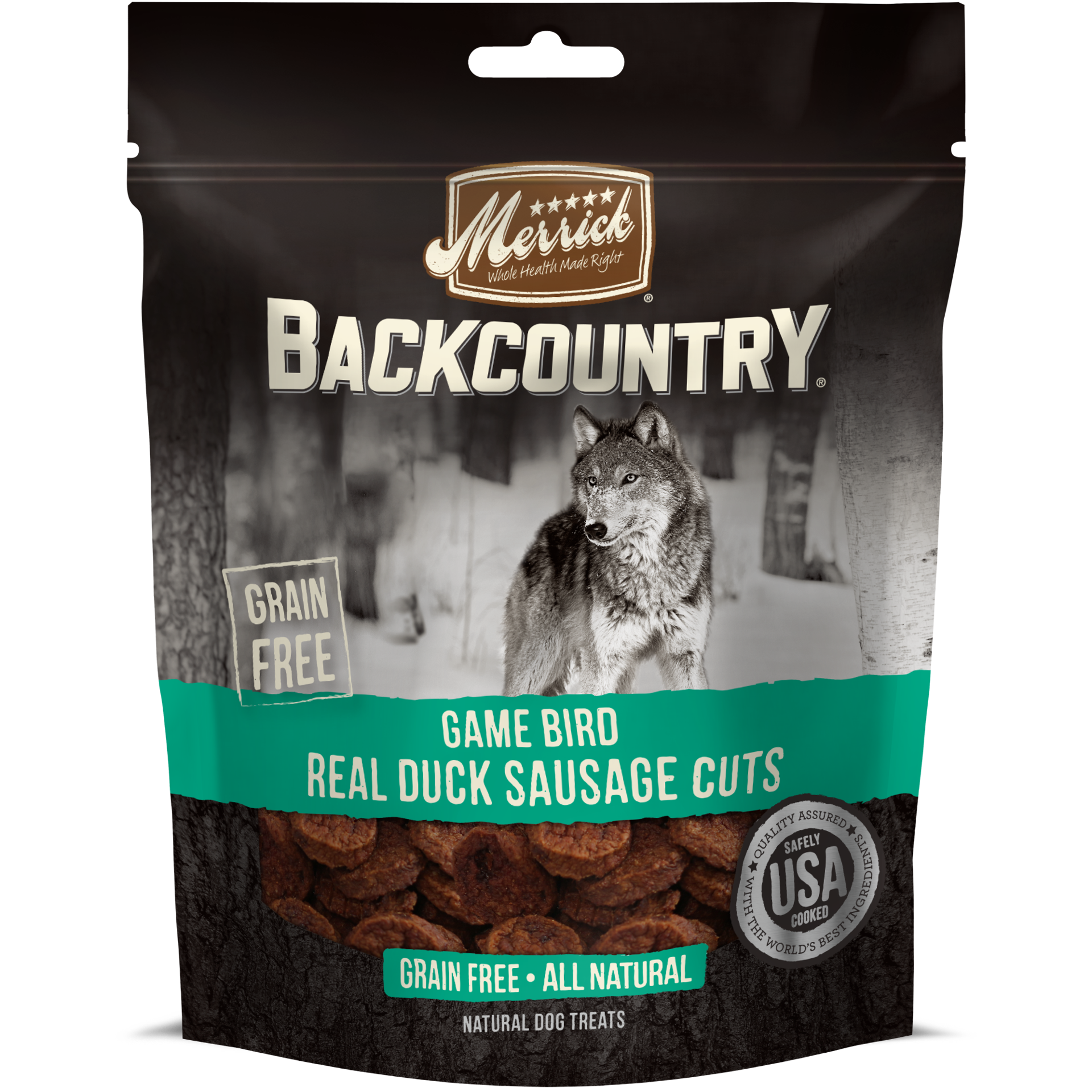 slide 1 of 2, Merrick Backcountry Game Bird Real Duck Sausage Cuts Dog Treats - 5 oz Pouch, 5 oz