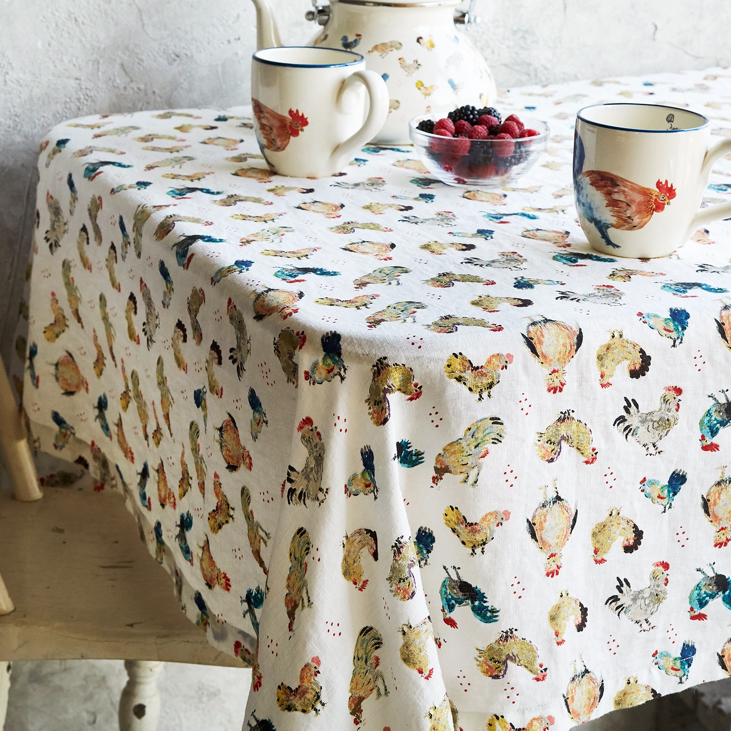 slide 1 of 1, Sur La Table Jacques Ppin Collection Assorted Chickens Tablecloth, 70 in x 34 in