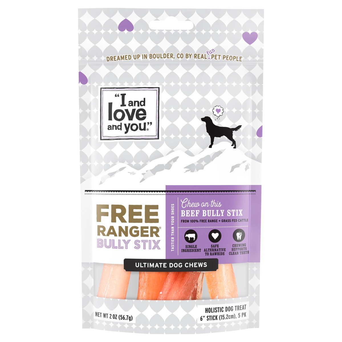 slide 1 of 3, I and Love and You "I and love and you" Free Ranger Bully Stix, Grain Free, Low Odor, 100% Beef Pizzle Dog Chews, Rawhide Free, 6in Chews, Pack of 5, 5 ct